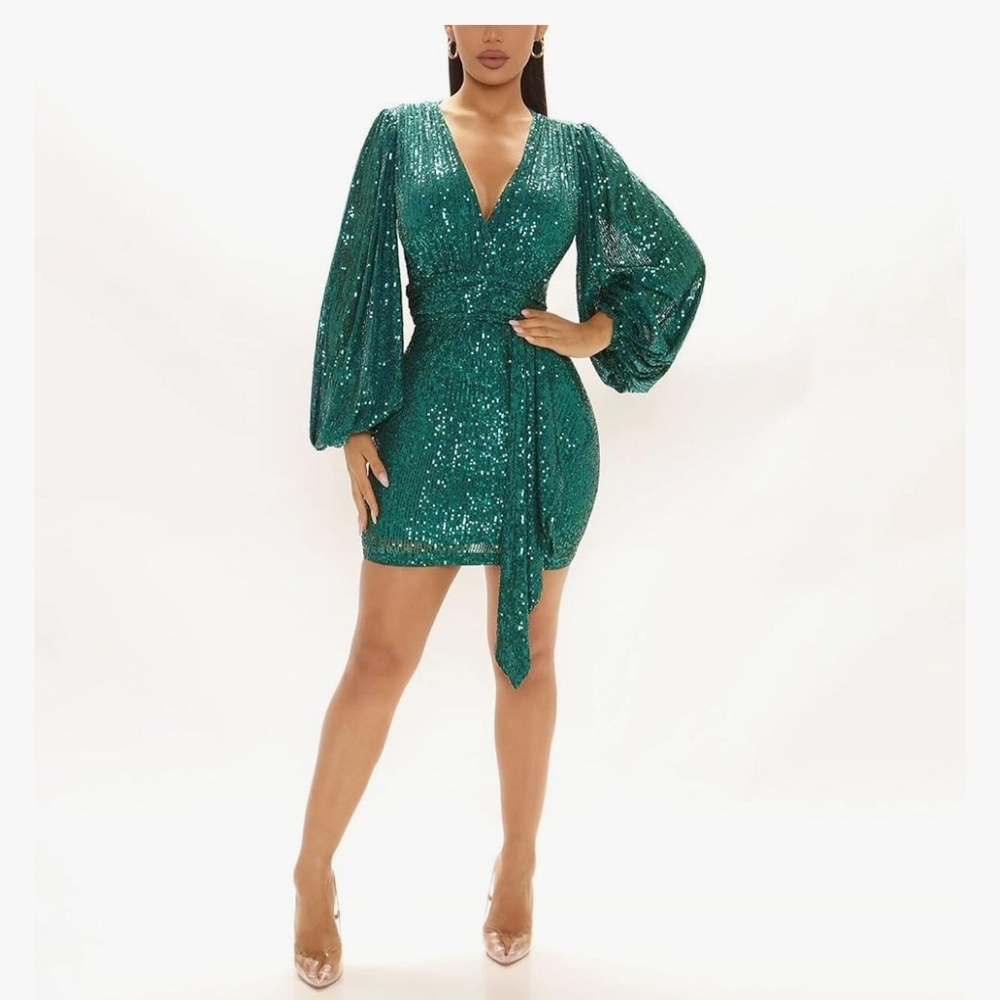 Fashion Nova Teal Sequin Long Sleeve Dress